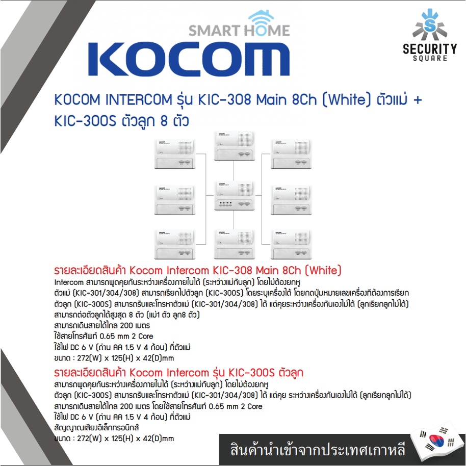 KOCOM INTERCOM รุ่น KIC-308 Main 8Ch (White) ตัวแม่ + KIC-300S ตัวลูก 8 ตัว