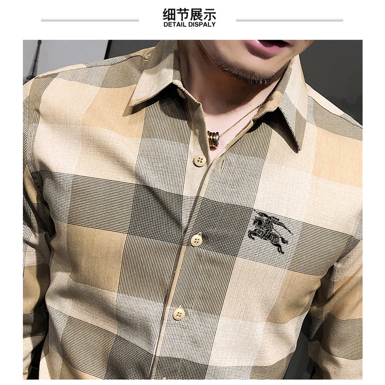 High Quality British Men's Brand burberry Long Sleeve Checkered Business Dress Shirts Cotton Office Plaid Men T-shirts D #2