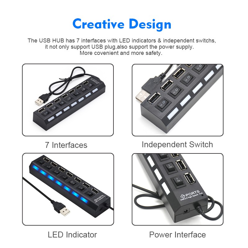 ตัวเพิ่มช่องUSB 2.0 High Speed ช่องเชื่อมต่อHUB Combo Splitter 4 / 7 Port พอร์ตฮับ4ช่อง/7ช่อง USB Switch อะแดปเตอร์USB