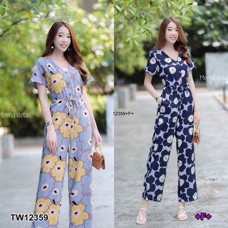 AT12359 Jumpsuit จั้มสูทขายาวลายดอกผูกเอว