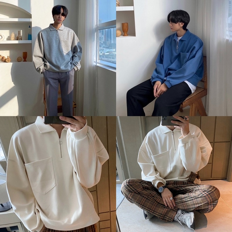 SEOULSHIRTS PREMIUM เสื้อคอปก แขนยาว ซิปหน้า มีกระเป๋า สไตล์มินิมอลเกาหลี ผ้าหนาไม่บาง ทรงโอเวอไซส์ รุ่นนี้งานดี C15