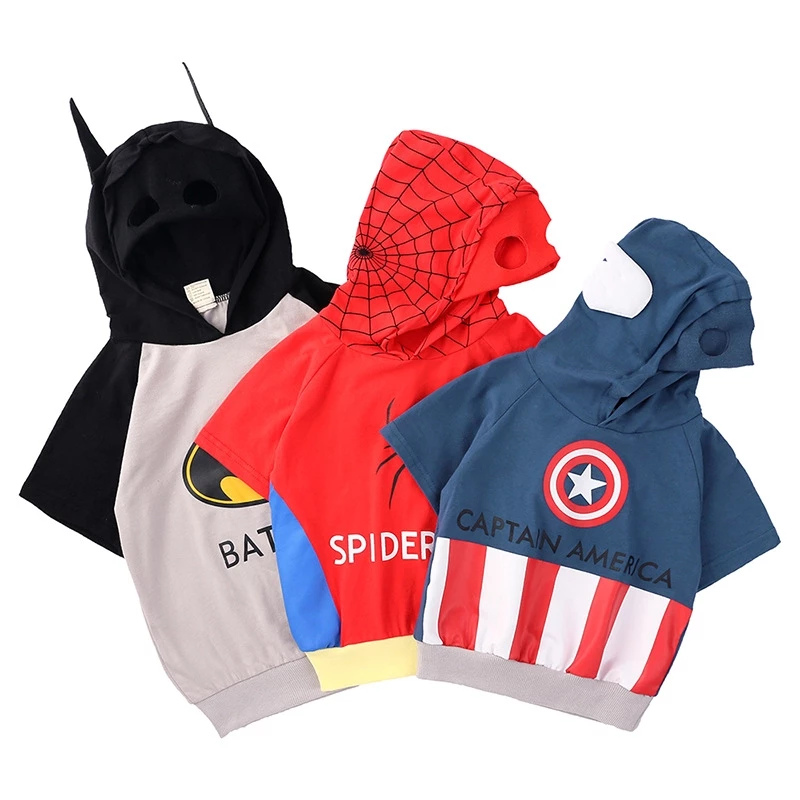 MANVIN BABY เสื้อยืดแขนสั้นมีฮู้ดเนื้อผ้าฝ้ายพิมพ์ลายการ์ตูนแบทแมนสําหรับเด็กผู้ชาย 2-7 T