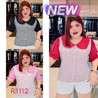 1112.R เสื้อสาวอวบปกบัวแขนสั้น ผ้าทอ