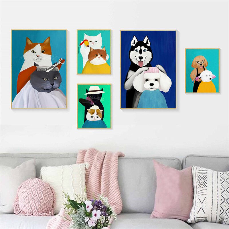 Nordic สัตว์แมวและสุนัข Wall Art โปสเตอร์การ์ตูนผ้าใบที่มีสีสันภาพวาดภาพสําหรับภายในห้องเด็ก Sweet Home Decor