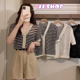 JJ shop 💜พร้อมส่ง เสื้อถักไหมพรมแขนสั้น ดีเทลถักตาข่ายกำลังมากแรงสุดๆ "32103"​ -N