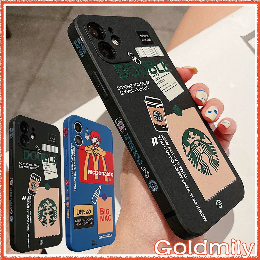 McDonald's เคสลายแถบข้างการ์ตูนขอบเหลี่ยมซิลิโคน สำหรับ Apple iPhone 13 Xr 7 เคสไอโฟน7พลัส 12 6s i11 13 Pro Max X 14 เคสไอโฟน12promax 11 XS 10 6 2020 เคสไอโฟน11 สีดํา Case