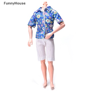 [FunnyHouse] ชุดเสื้อเชิ้ต ลายดอกไม้ กางเกงขาสั้น สีขาว สําหรับตุ๊กตาบาร์บี้