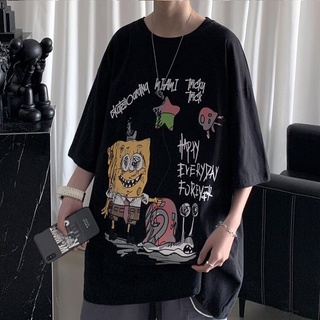 🔥จัดส่งจากประเทศไทย🔥เสื้อยืดแขนสั้นผู้ชายเสื้อแขนสั้นไซส์ใหญ่แบบใหม่ฤดูร้อน INS เสื้อยืดพิมพ์ลายการ์ตูน SpongeBob Hi01