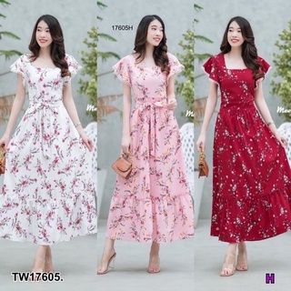 TW17605 Maxi dress คอเหลี่ยมแขนระบายแต่งลูกไม้ฉลุสีขาว กระโปรงตัดต่อย่นระบายชาย มีโบว์ผูกเอว มีซิปซ่อนด้านหลัง มีซัปใน