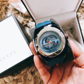 🌈สีน้ำเงินสวยมว๊ากกก💦New GUCCI Unisex Two Tone Rubber Strap Watch⌚️ขนาด 46mm.