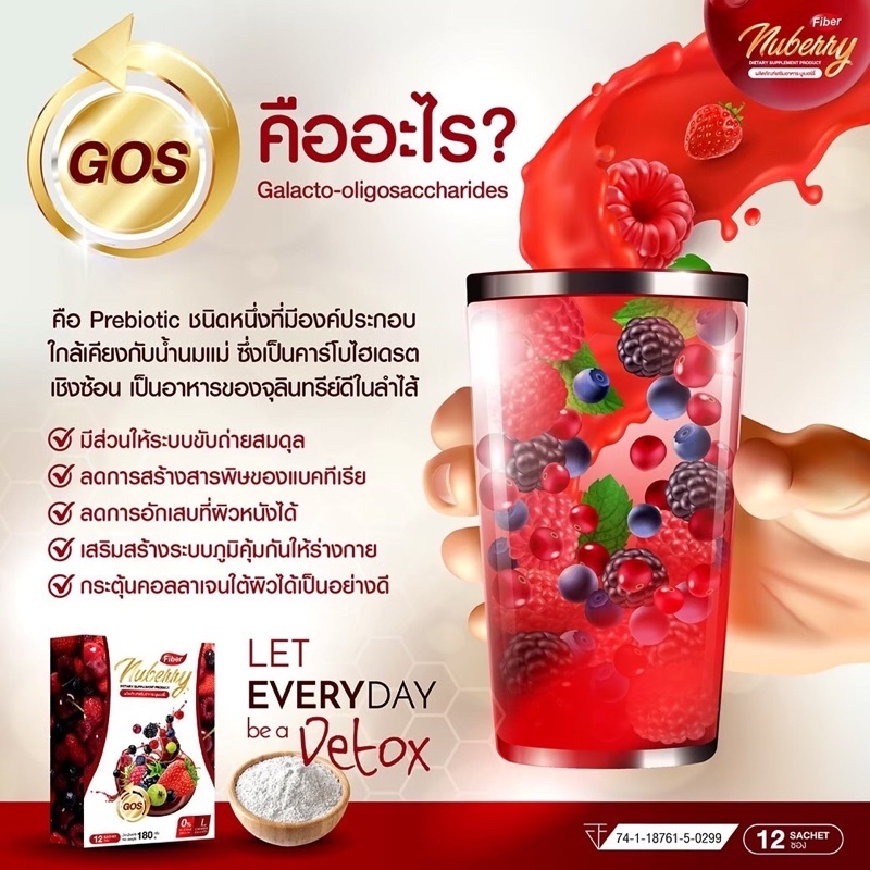 Nuberry Detox มีพรีไบโอติก GOS ที่ดีต่อลำไส้ ดื่มง่าย สบายท้อง พุงหาย ลำไส้สะอาด
