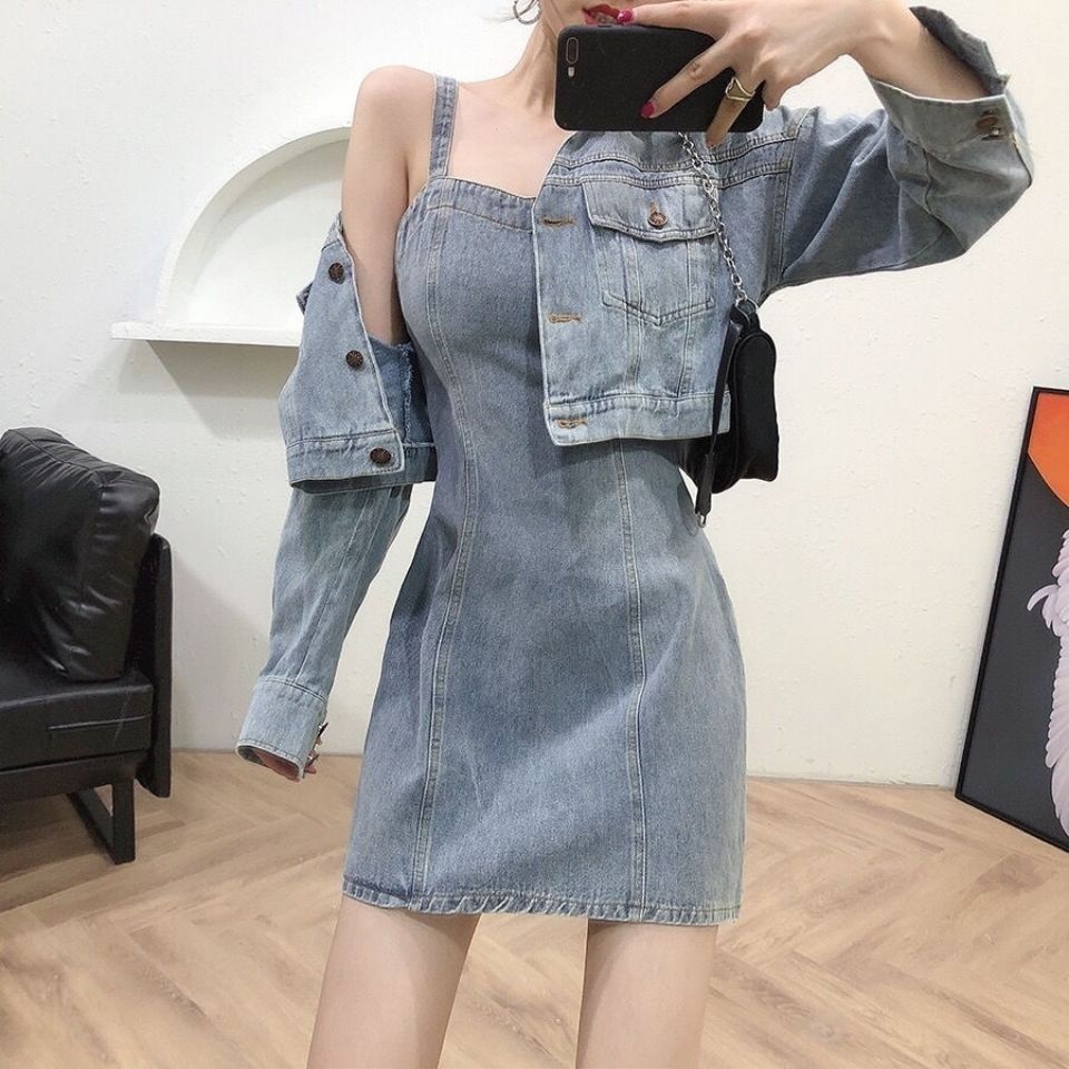 พร้อมส่ง กระโปรงยีนส์เซต(เสื้อครอปยีนส์+เอี๊ยมกระโปรง)เอี๊ยมกระโปรง ชุดคลุมท้อง Teddy Overalls ชุดเดรส