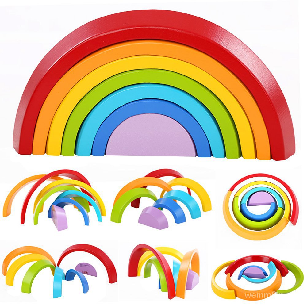 Montessori Wooden Rainbow Toy Colored Arch Bridge Blocks Set Shape ...