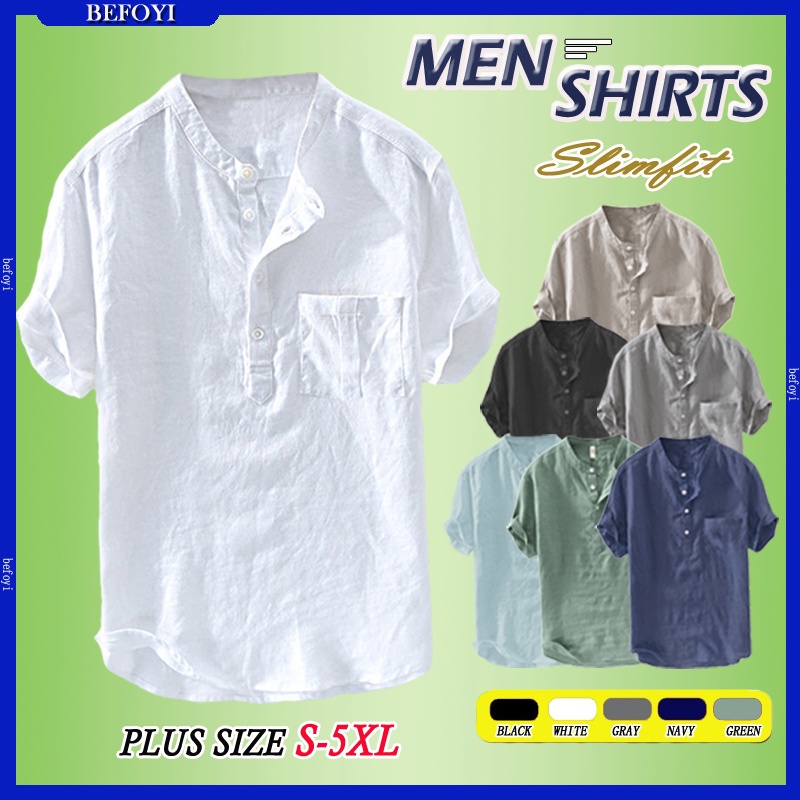 S-5XL เสื้อเชิ้ตผู้ชายผ้าลินินลําลองยืนขึ้นปกเสื้อยืดสีดําผ้าฝ้ายแขนสั้น Kemeja Lelaki เสื้อกระดุมธรรมดาขนาดบวก