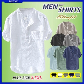 S-5XL เสื้อเชิ้ตผู้ชายผ้าลินินลําลองยืนขึ้นปกเสื้อยืดสีดําผ้…