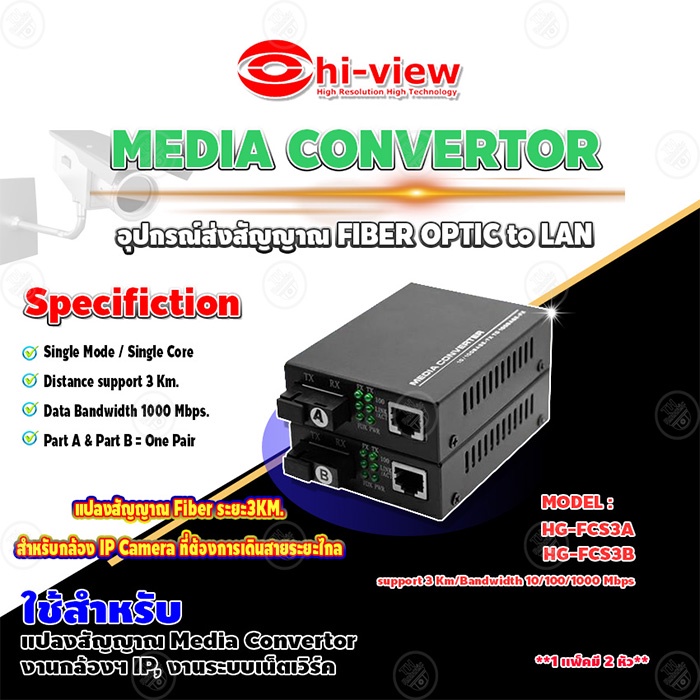Hi-View MEDIA CONVERTOR อุปกรณ์ส่งสัญญาณ FIBER OPTIC to LAN รุ่น HG-FCS3A / HG-FCS3B