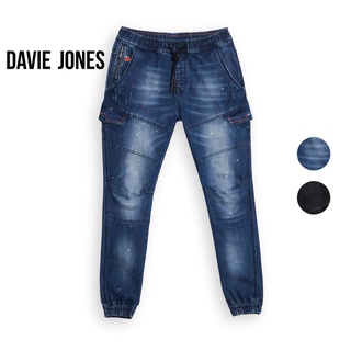 DAVIE JONES กางเกงจ็อกเกอร์ ยีนส์ เอวยางยืด ขาจั๊ม สีกรม สีดำ Drawstring Joggers in black navy GP0133NV BK