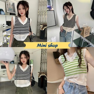 Mini shop🌸พร้อมส่ง🌸(42035) เสื้อแขนกุดถักไหมพรม ดีเทลลายทางน้ารักคอวี