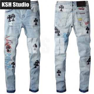 2020 new trendy brand summer pants Crowe heart cross stitching slim fashion casual small feet jeans men