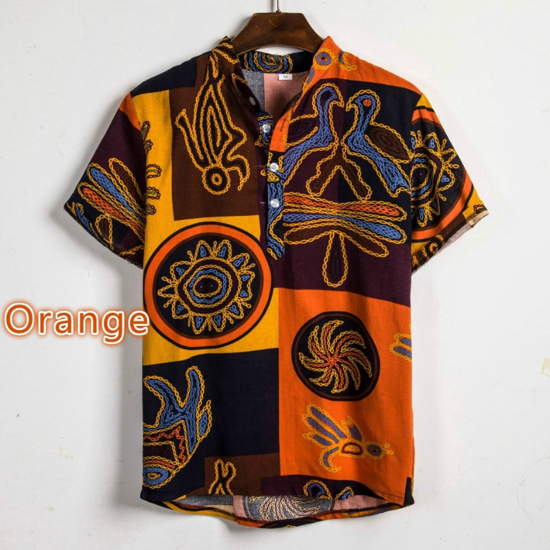 mens ethnic style printed cotton breathable summer short sleeve buttons fly henley shirts