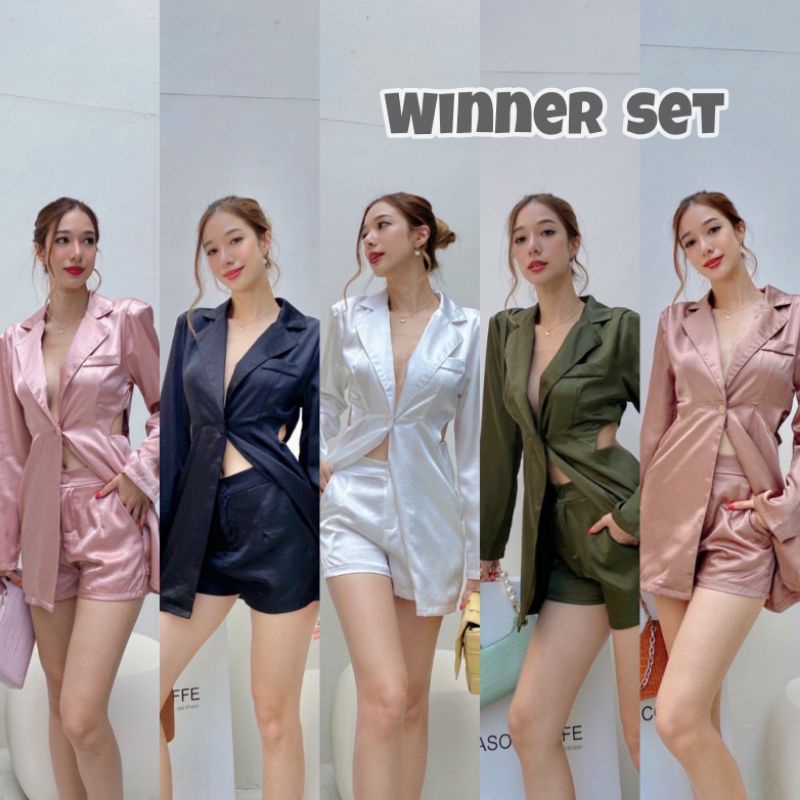 เซ็ท2ชิ้น🔥Winner Set🔥เซ็ตเสื้อสูทเบลเซอร์ตัวยาว+กางเกงขาสั้น ผ้าซาตินเนื้อหนา🔥ป้ายMika