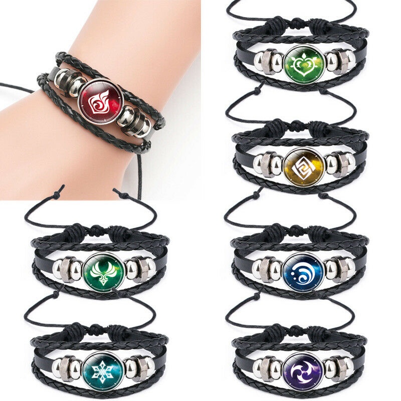 สร้อยข้อมือหนัง เรืองแสงในที่มืด ลายการ์ตูนอนิเมะ Genshin Impact Element Vision God's Eye สไตล์พังก์ แฟชั่นสําหรับผู้ชาย