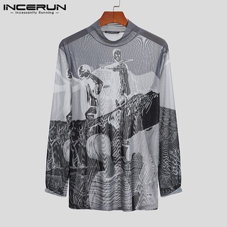 Incerun เสื้อแฟชั่น แขนยาว ทรงสลิม ผ้าซีทรู พิมพ์ลาย สําหรับผู้ชาย