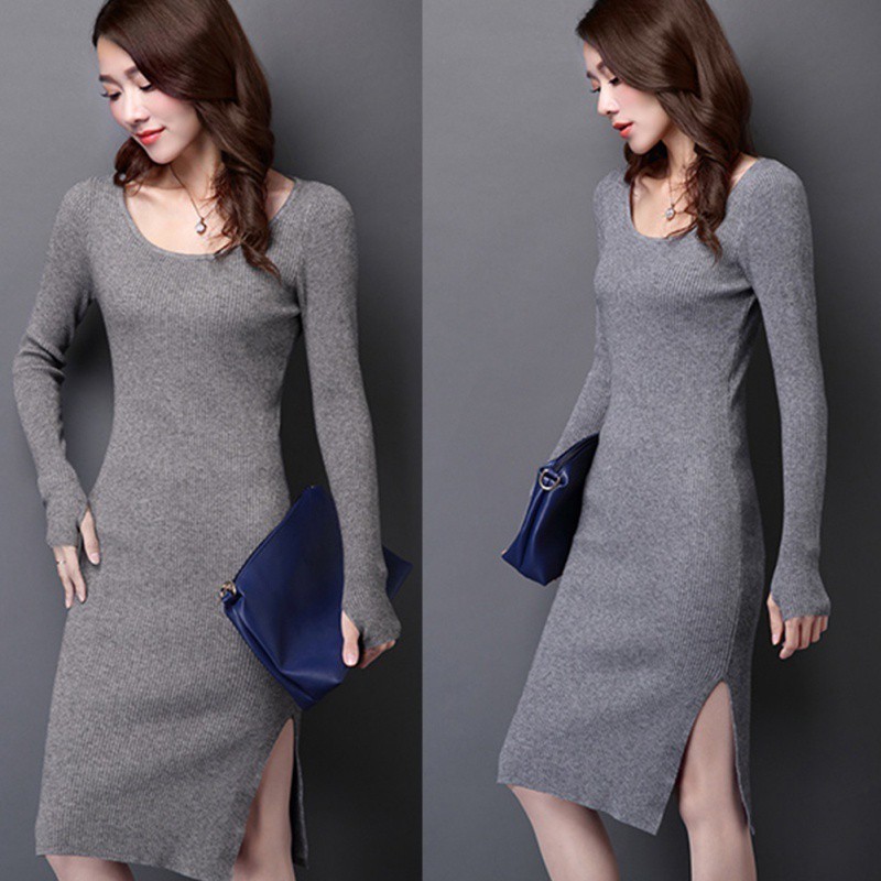 ราคาถูก dress ชุดเดรสสั้นแขนยาวคอก ลมผ้าถักสำหรับผู้หญิง