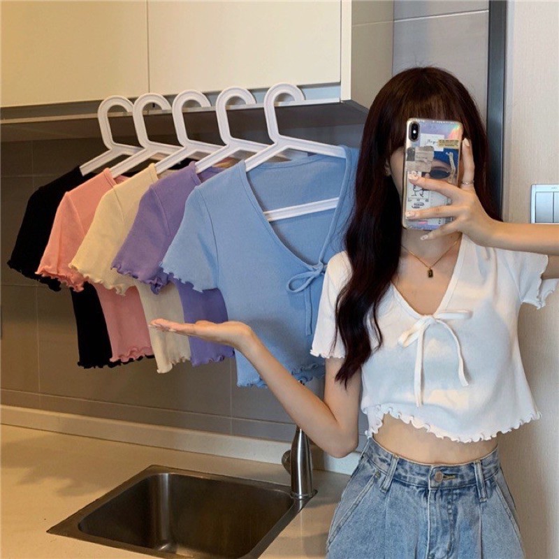 Sweet 🍓 เสื้อไหมพรมผูกโบ 🍓 แขนระบายชายระบาย ไหมพรมเนื้อดี น่ารักวัยใสๆ รุ่น 7516