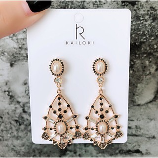 ต่างหูเกาหลีก้านเงิน S925 อะไหล่ทองรมดำ Baroque earrings ระย้าประดับไข่มุกสลับเพชร KR-130