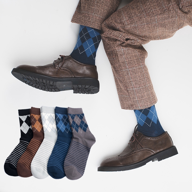 Retro Rhombus Men’s Crew Socks Fashion Cotton Male Work Business Socks Patchwork Casual Hosiery Mid-calf Length