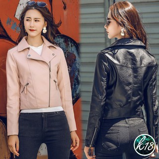 K18💜Korean แจ็คเก็ตหนัง คอปกแขนยาว ซิปหน้า ตัวสั้น
