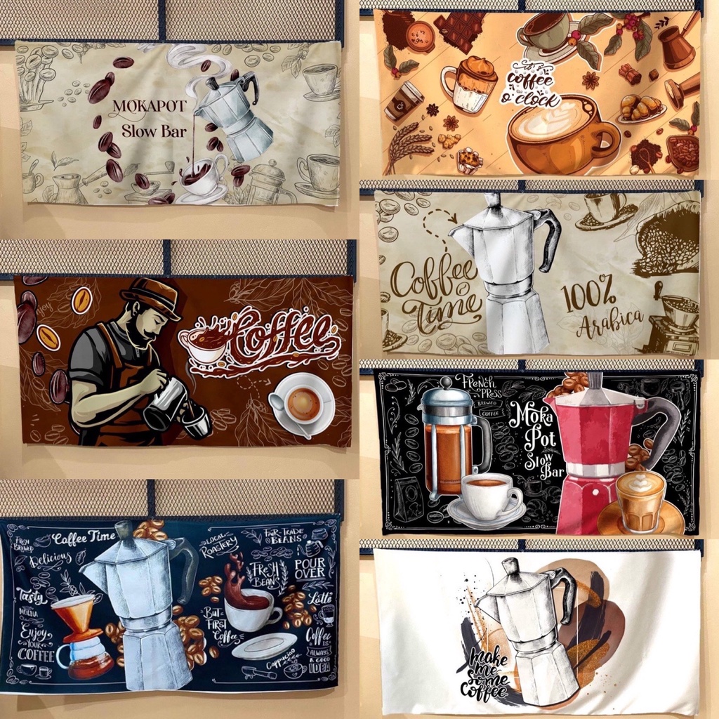 5.5 ป้ายผ้าไมโคร ผ้าแขวนตกแต่ง ร้านกาแฟ moka pot slowbar ชานมไข่มุก วาฟเฟิล ผลไม้ปั่นขนาด 150x75 cm.