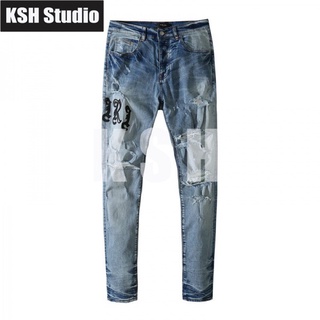 AMIRI High Street Sticker Ripped Distressed Washed Stretch Casual Slim Jeans