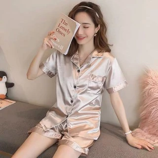 3333 E ชุดนอนสตรีแบบแขนสั้นติดกระดุมด้านหน้า ชุดนอนผ้าซาติน ลื่นไม่ยับง่ายมีหลายไซส์หลายสีให้เลือก สินค้านำเข้า