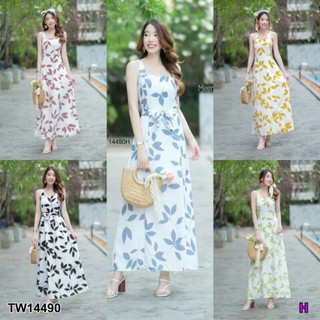 Maxi Dress เดรสสายเดี่ยวยาว งานผ้าสลาฟพิมพ์ลายใบไม้ มีซิปซ่อนด้านหลัง มีซัปใน