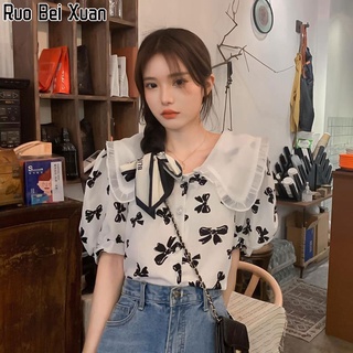 Ruo Bei Xuan เสื้อเชิ้ตแขนสั้นคอตุ๊กตาผ้าตาข่ายฝรั่งเศสสำหรับผู้หญิงใหม่