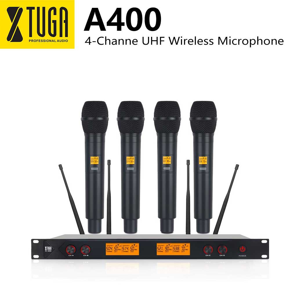 Xtuga A400 Professional 4-Channel UHF ไมโครโฟนไร้สายระบบ 4 ไมโครโฟนแบบใช้มือถือสําหรับ Stage Church Family Party