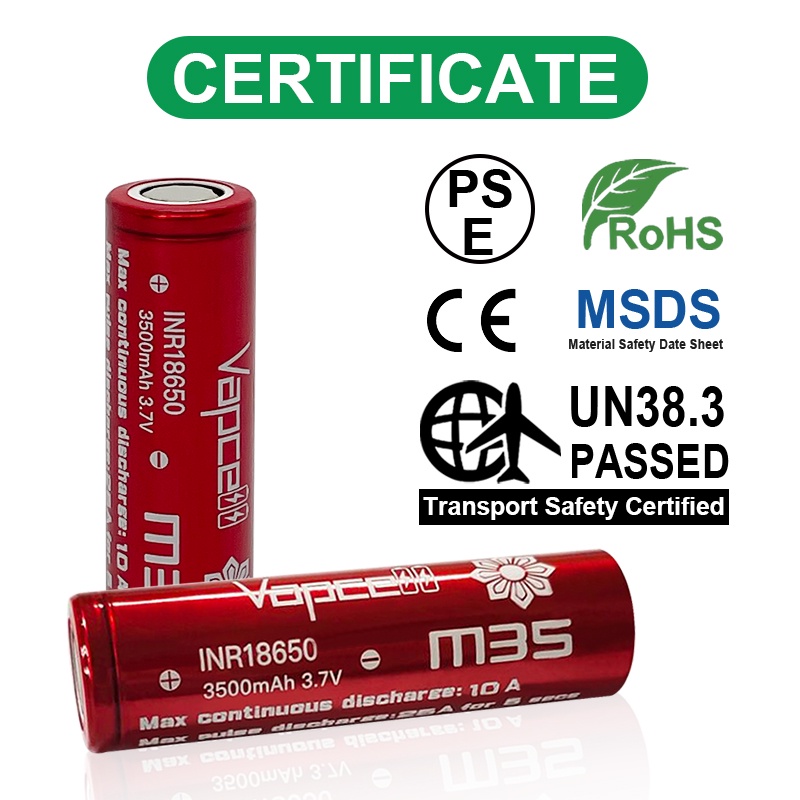 (เมื่อซื้อ 2 ก้อนฟรีกระเป๋าใส่ถ่าน) ถ่านชาร์จ Vapcell สีแดง รุ่น 18650 M35 3500mAh 10A/25A