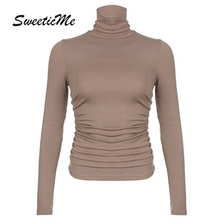 Sweeticme ใหม่ เสื้อยืดแขนยาวลําลอง ผ้าถัก เข้ารูป เซ็กซี่ สีพื้น แฟชั่นสําหรับผู้หญิง 2022