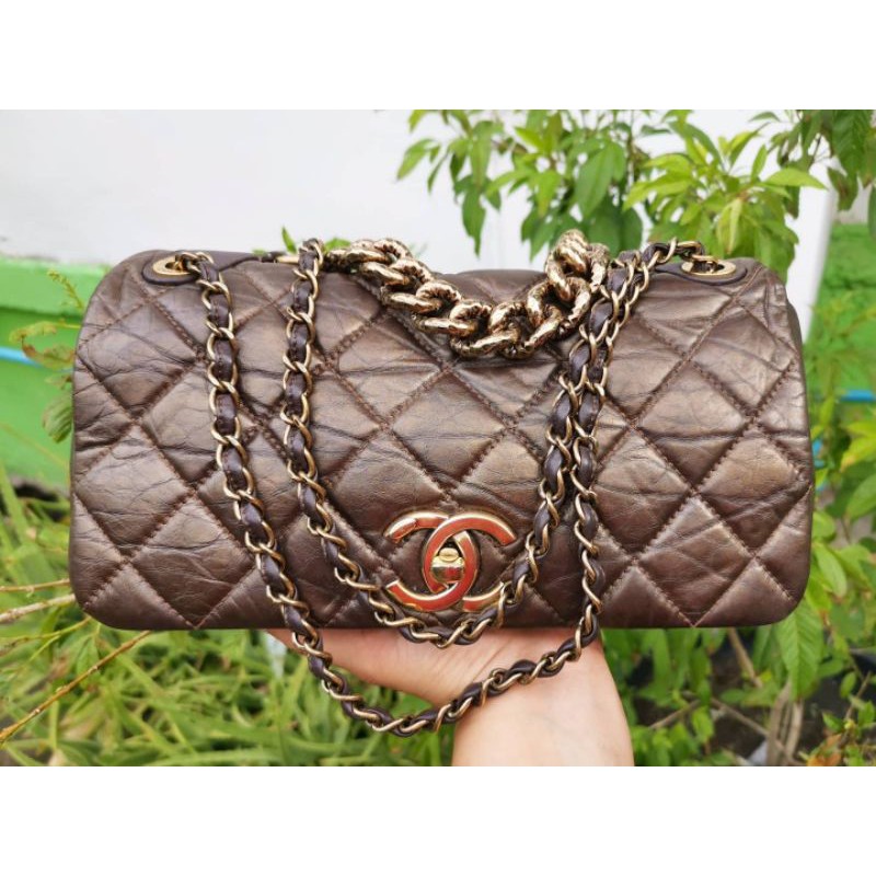 ขายแล้ว​ Chanel Metallic Brown Aged Calfskin Small Pondicherry Full​ Flap  Bag | Shopee Thailand