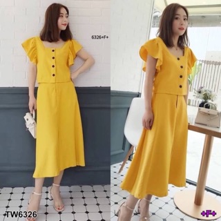 Setสีเหลือง 2 ชิ้น ชุดเซตเสื้อคอเหลี่ยมไหล่ระบาย