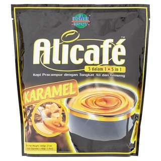 Power Root Alicafé 5 in 1 Tongkat Ali &amp; Ginseng Caramel Premix Coffee (15 Sachets x 40g) 600g อาหารฮาลาล กาแฟสำเร็จรูป