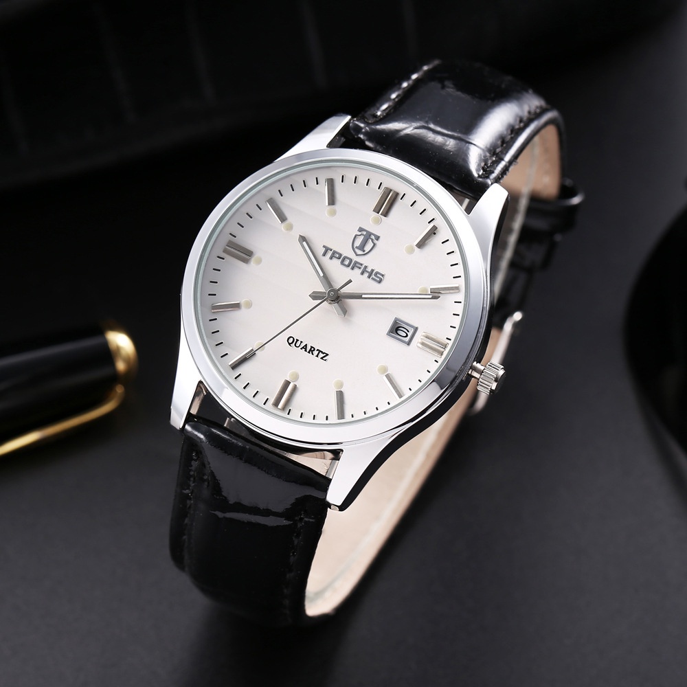 TPOFHS-PD654-3 Silver Case สีขาวกันน้ำแฟชั่น Simple Black Strap Business Men's Watch