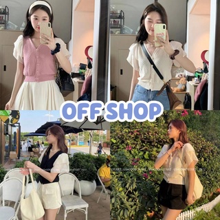 OFF SHOP พร้อมส่ง (OFF-32109) เสื้อไหมพรมแขนสั้น คอวีดีเทลแขนชีฟองระบายน่ารัก -C