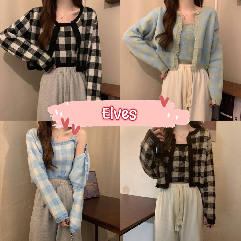 Elves พร้อมส่ง เสื้อคลุมไหมพรม+เสื้อกล้ามไหมพรม ลายตารางสีพาสเทล ~87001+87001-1~