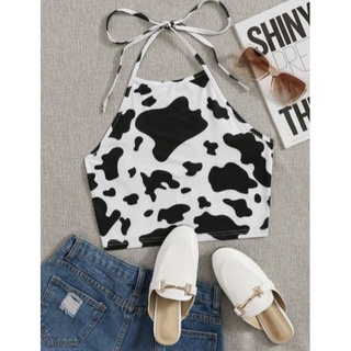 เสื้อครอป สายเดี่ยว ลายวัว ผูกคอ 🌿🐄🐄