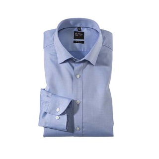 OLYMP เสื้อเชิ้ตผู้ชาย แขนยาว ทรงพอดีตัว รีดง่าย ผ้าเท็กเจอร์สีฟ้าเข้ม [LEVEL FIVE]