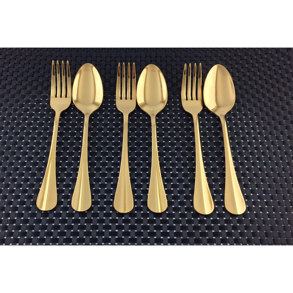 TwinFish 3คู่ ช้อนส้อมสีทองสีไม่หลุดลอก เข้าเครื่องล้างจานได้ ปลอดภัยรหัส 87-45YG
