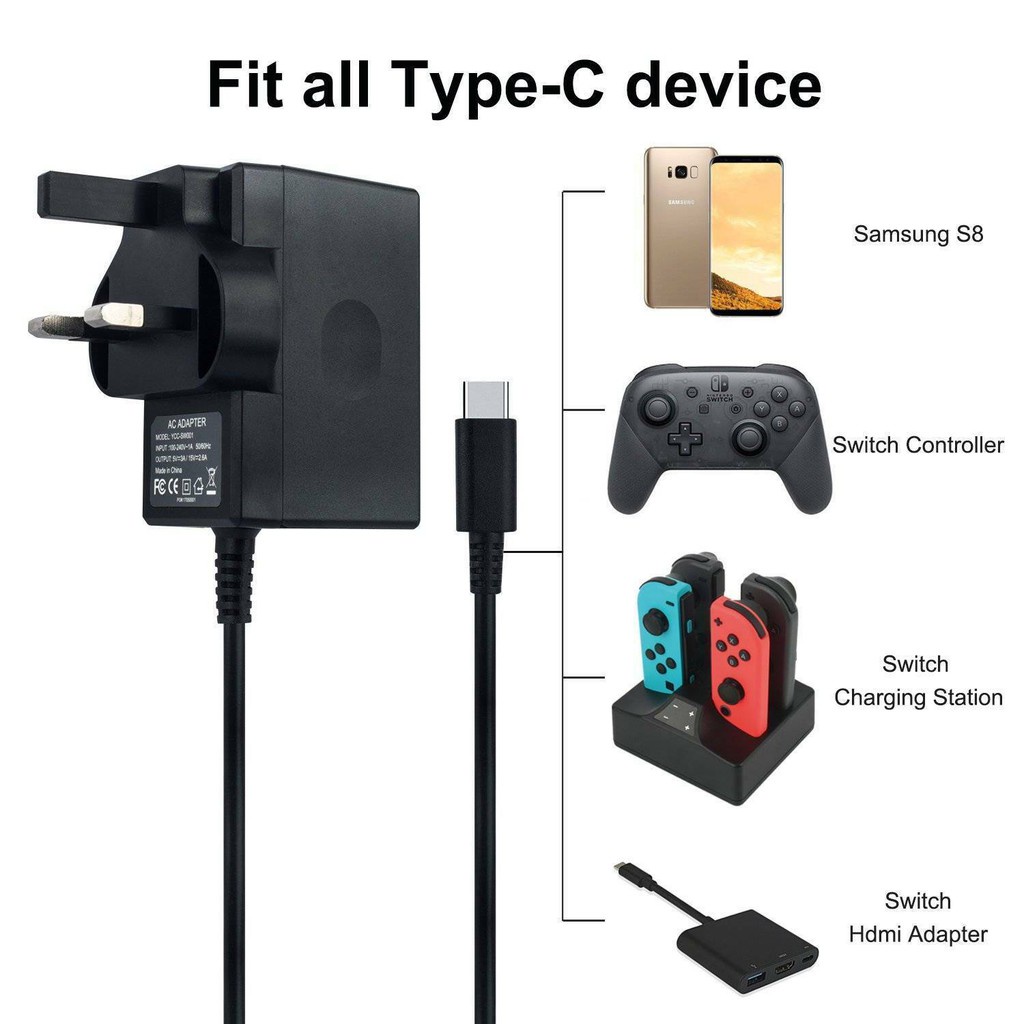 Nintendo SWITCH V1 V2 สวิตช์ LITE SWITCH OLED AC อะแดปเตอร์ชาร์จ ปลั๊ก UK ชาร์จเร็ว [ของแท้ [